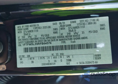 2024 Ford F-150 Lariat z USA, uszkodzony, nr VIN 1FTFW5L55RFB64576